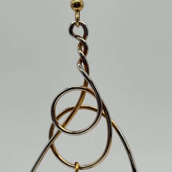 Gold Silver Tricolor Dangle Drop Statement Earrings Abstract Twisted Wire Hoop - Picture 6 of 13